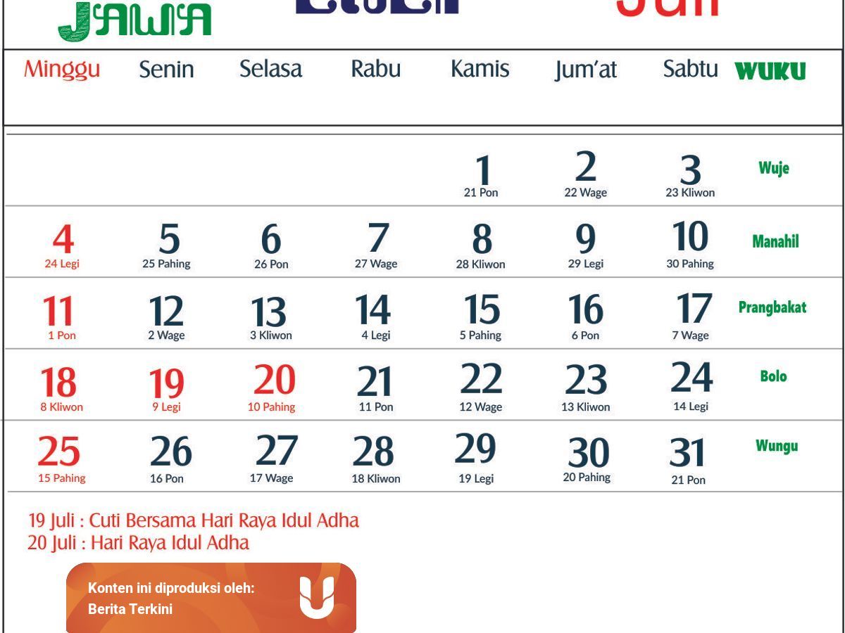  Kalender  Jawa  Tahun  1998 Bulan  Juli